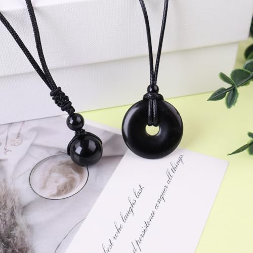 2pcs Natural Crystal Stone Lucky Coin Crystal Necklace Donut Pendnat, 16mm Stone Bead Pendant for Women and Men Necklace - color: Black Obsidian