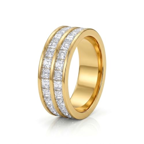 CZ Eternity Rings for Women 14K Gold Plated or Platinum 3.5mm/7mm Non Tarnish Stainless Steel Stackable Princess Cut Wedding Engagement Promise Band Sizes 5-10 - color: Gold-7mm