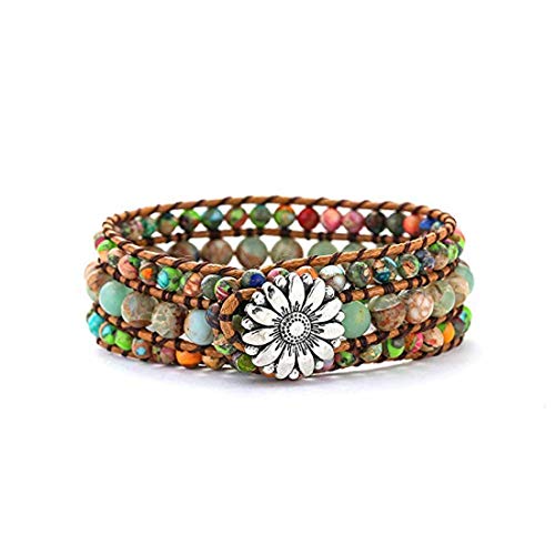 YGLINE Boho Handmade Natural Stone Bead 3 Row Wide Wrap Wrist Statment Bracelet Jewelry Collection - color: regalite ＆agalmatolite