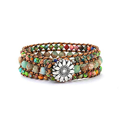 YGLINE Boho Handmade Natural Stone Bead 3 Row Wide Wrap Wrist Statment Bracelet Jewelry Collection - color: regalite ＆agalmatolite