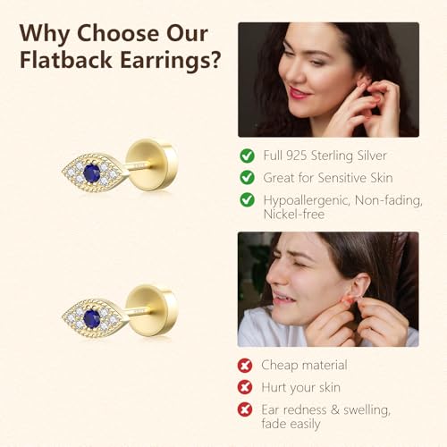 JIAYIQI Minimalist 925 Sterling Silver Stud Earrings Set, 14K Gold Plated Hypoallergenic Tiny Bar Dot Heart Star Studs for Women & Men - style: Gold-Evil Eye-Flatback-1 Pair