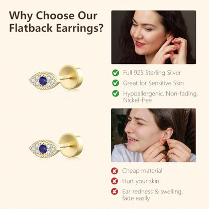 JIAYIQI Minimalist 925 Sterling Silver Stud Earrings Set, 14K Gold Plated Hypoallergenic Tiny Bar Dot Heart Star Studs for Women & Men - style: Gold-Evil Eye-Flatback-1 Pair