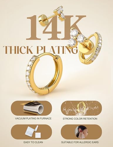 Flat Back Gold Earrings for Women Trendy Hypoallergenic Surgical Steel Earrings for Sensitive Ears-20G Cartilage Earring Stacks 14K Gold Plated Small Flatback Stud Hoops Cartilage Earring Set - color: 14K Gold Plated