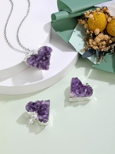 Jovivi Natural Amethyst Cluster Crystal Necklace for Women Men,Irregular Raw Rough Amethyst Quartz Stone Pendant Necklace Jewelry for Spiritual Reiki Healing,Beauty, Love and Positive Energy - color: Silver Plated - Heart Crystal
