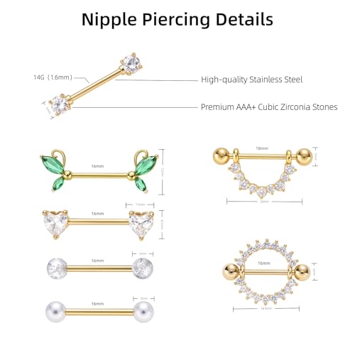 G&O JFU 7 Pairs 14G Nipple Rings Set – Stainless Steel Straight Barbell with CZ Stones, Gold Plated & Silver Tone, Butterfly Back Pink Nipple Piercing Jewelry for Women - color: Gold Plated Clear Nipple Piercing Jewelry