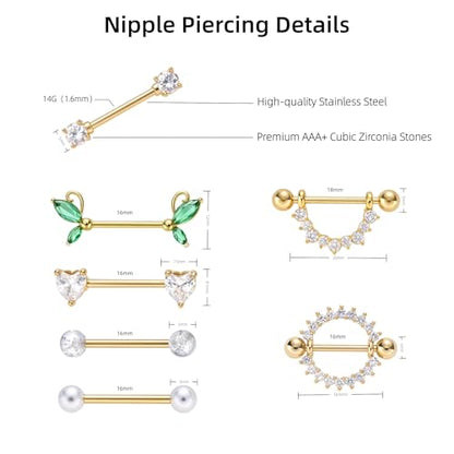 G&O JFU 7 Pairs 14G Nipple Rings Set – Stainless Steel Straight Barbell with CZ Stones, Gold Plated & Silver Tone, Butterfly Back Pink Nipple Piercing Jewelry for Women - color: Gold Plated Clear Nipple Piercing Jewelry