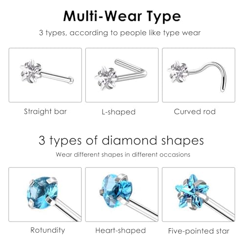 316L surgical steel hypoallergenic nose ring nail cubic zirconia nose ring screw L-shaped nose puncture body jewelry straight nose nail (9 pcs) 3 styles 3 shapes (Silver (straight rod 3、 L rod 3 、spiral screw 3))