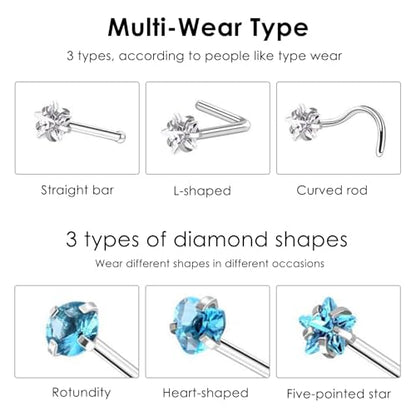 316L surgical steel hypoallergenic nose ring nail cubic zirconia nose ring screw L-shaped nose puncture body jewelry straight nose nail (9 pcs) 3 styles 3 shapes (Silver (straight rod 3、 L rod 3 、spiral screw 3))