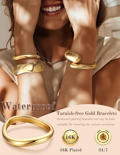 sailimue Chunky Gold Bracelets for Women Non Tarnish Bangles 4 Pcs | 16K Gold Plated Cuff Bracelets Stack Hinged Open Bangle Trendy Jewelry Gifts - style: Style B