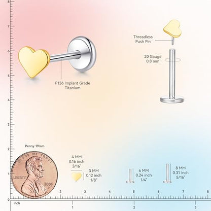 limerencia Titanium Threadless Flat Back Earrings Stud Piercing Jewelry | 20G Press Fit Titanium Push Pop in Cartilage Tragus Labret Lip Medusa Conch Piercing Jewelry Hypoallergenic for Women Men - style: Heart Gold