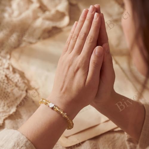 Bivei Crystal Stretch 6mm Bracelets for Women | Handmade Natural Stone Beaded Stretch Bracelet, Stainless Steel Heart Bead, Tranquility Yoga Gift Jewelry for Women - color: Citrine - Amplifies