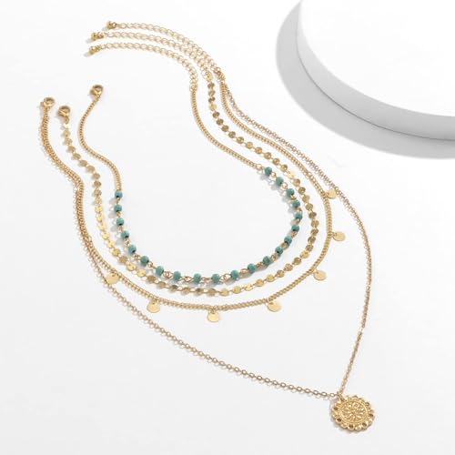 HUASAI Boho Necklaces for Women Dainty Layered Choker Necklace Bohemian Turquoise Necklace Statement Jewelry Western Cowgirl Country Concert Outfits Accessories - color: A Gold Turquoise Necklace