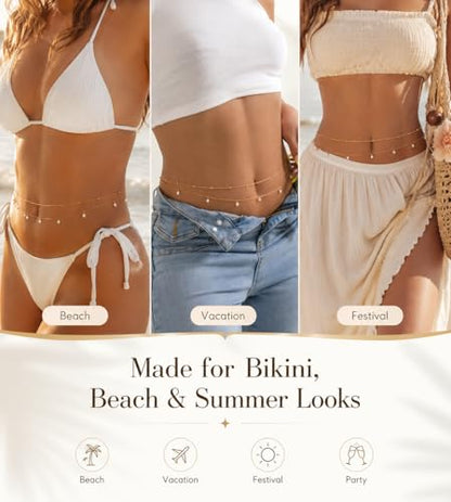 Gold Chain Belt for Women, 14K Gold Plated Layered Pearl Shell Belly Chain, Adjustable Gold Waist Chain and Beach Waist Chain Body Jewelry for Bikini Summer Outfits - color: Starlight Platinum