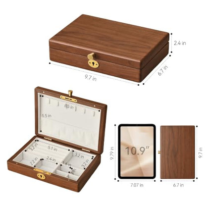Black Walnut Wooden Lockable Jewelry Box, Natural Solid Wood Jewelry Organizer, Velvet Lined Case with Adjustable Dividers for Necklace Ring Earrings Bracelet, Handcrafted Gifts for Mom Women Girls - color: 1 Layer Lockable