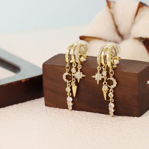 Clip On Earrings for Women Chain Moon Star Cross Hoop Dangle Earring No-Pierced Gold Silver - color: Moon,Gold tone