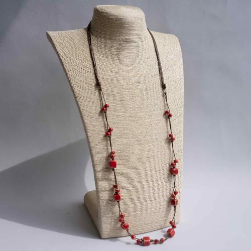 Bohemian Long Beaded Necklace for women, Colorful Hippie Long Layered Necklace, Handmade Boho Jewelry Gift for Mom - color: Red