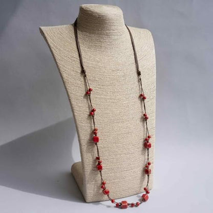 Bohemian Long Beaded Necklace for women, Colorful Hippie Long Layered Necklace, Handmade Boho Jewelry Gift for Mom - color: Red