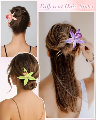 WELROG 3-Pcs Metal Hawaiian Orchid Hair Pins, Non-Slip Stick for Beach Updo | Tropical Flower Vibes,Weddings and Vacations - color: Purple+Pink+Green
