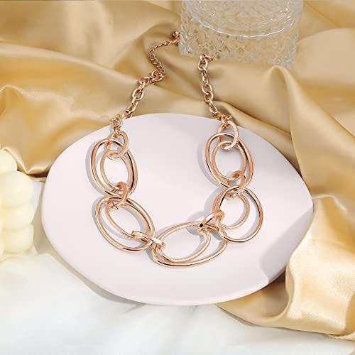 Gold Chunky Necklace for Women: Double Oval Link Statement Choker Necklace | 14k Gold Plated Loop Chain Trendy Fashion Jewelry for Daily Holiday Party - color: ROSE GOLD