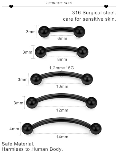20G 16G 14G 12G Eyebrow Ring Piercing Jewelry Surgical Steel Vertical Labret Lip Ring Rook Daith Earrings Navel Small Tiny Belly Button Ring Piercing Jewelry for Women Men Silver Black Gold - color: Black, size: 16G