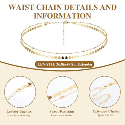 Buelkmag Waist Chain for Women Layered Gold and Silver Toned Belly Chains | Adjustable Waterproof Body Jewelry Summer Beach Bikini and Daily Wear