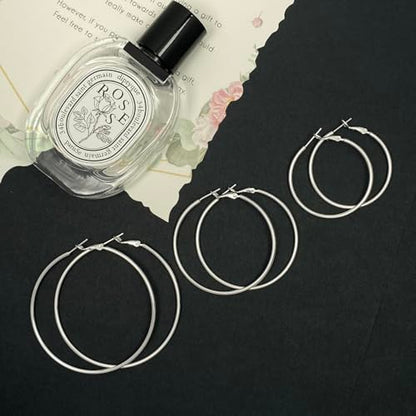 3 Pairs Sterling Silver Large Hoop Earrings Set for Women 40 50 60MM | 14K White Gold Plated, Hypoallergenic - style: A:Silver 40mm 50mm 60mm