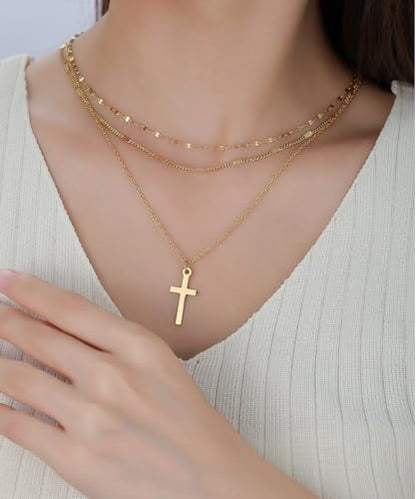 Triple Layered Gold Chain Necklace with Cross, Four Leaf Clover Pendant, Multi-Strand, Religious Jewelry, Gift with a Box - color: Cross