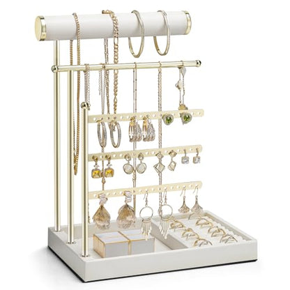 VLANDO Jewelry Stand Organizer with Ring Holder Tray, Necklace and Earring Storage for Bracelets, Watches and Rings, PU Leather Covered Wooden Tray with Gold Metal Frame - White - color: White