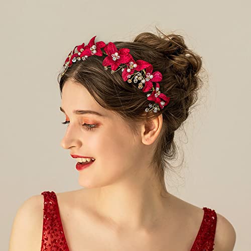 DonLeeving Bridal Red Crystal Headband Princess Flower Hair Vine Headpiece Pearl Wedding Queen Crowns and Tiaras Bride Floral Red Headband for Women and Girls Halloween Decor
