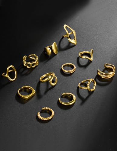 Fxiqini 12Pcs Gold Stackable Rings 18K Gold Plated Chunky Knuckle Finger Ring Geometric Bead Cloud Wave Flower Hollow Statement Bands Signet Open Rings for Women Adjustable Size 4-9 - color: A-Gold