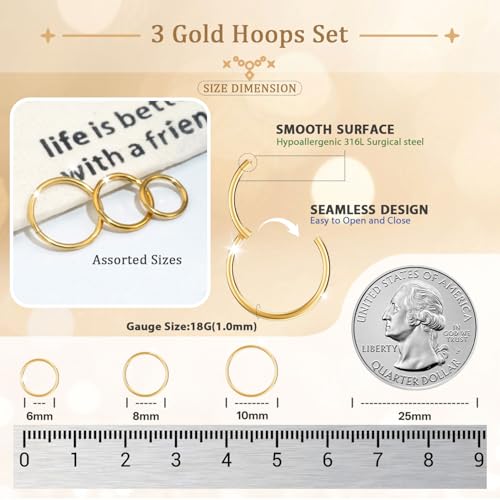 AMASIS Nose Rings and Nose Studs Set, Stainless Steel Hinged Nose Hoops and CZ Studs, Select Sizes and Styles for Nostril Septum Cartilage Piercing Jewelry - color: Gold, size: 12-Piece,Hoops and Studs Sets