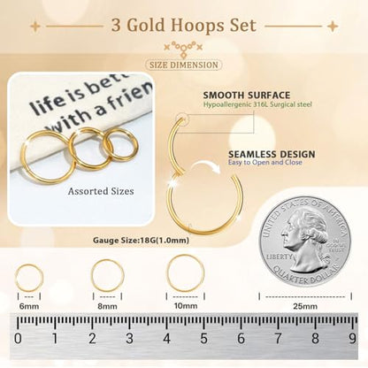 AMASIS Nose Rings and Nose Studs Set, Stainless Steel Hinged Nose Hoops and CZ Studs, Select Sizes and Styles for Nostril Septum Cartilage Piercing Jewelry - color: Gold, size: 12-Piece,Hoops and Studs Sets