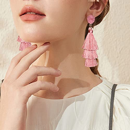 Bohemian Tiered Tassel Earrings with Druzy Stud for Women | Long Layered Fringe Drop Earrings, Statement Jewelry for Party Beach Festival - color: Blush