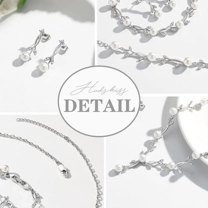 Jewelry Set for Women, Necklace Dangle Earrings Bracelet Set with White AAA Cubic Zirconia, Allergy Free Wedding Party Jewelry for Bridal Bridesmaid - color: Necklace+Braclelet+Earrings-pearl style