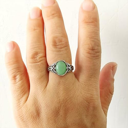 Viking Celt Knot Oval Natural Stone Ring,Retro S925 Sterling Silver Quartz Gemstone Ring,Punk Gothic Crystal Ring for Women - color: A05_Dongling Jade