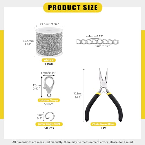 Mardatt 102Pcs Jewelry Making Chains Kit, 10 Yards Necklace Chains Jewelry Chains with 50Pcs Open Jump Rings, 50Pcs Lobster Clasps, Chain Nose Pliers for DIY Necklace Bracelet Jewelry Making (White K) - color: White K