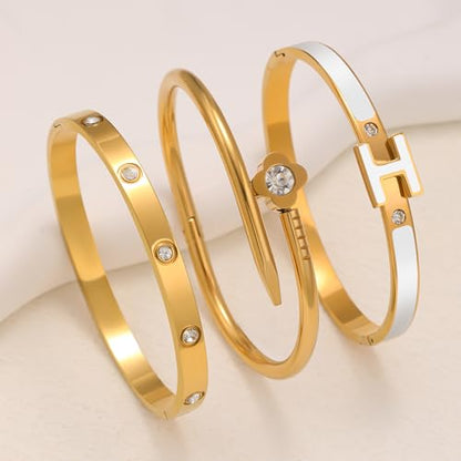 3Pcs Gold Bracelets for Women 14K Gold Plated Love/H/Nail Bangle Bracelet Dainty Non Tarnish Bracelet Jewelry Christmas Mothers Day Gifts for Women - color: 3Pcs Gold/White H bracelet