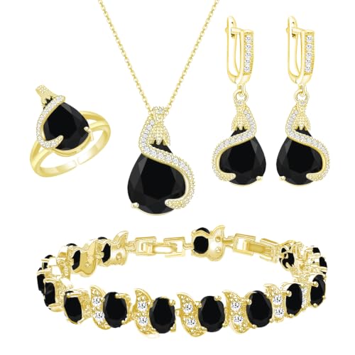 Jewelry Set for Women Teardrop Earrings Necklace Ring Bracelet Set Party Wedding Jewelry Gift for Mother Wife Friend - color: Gold-Black