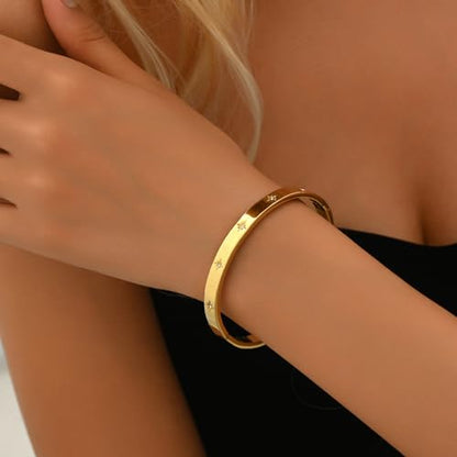 Gold Bangle for Women 18K Gold Plated Bamboo Heart Star Labyrinth Bangle Bracelets Dainty Stainless Steel Jewelry Gifts - color: North Star Bangle-Gold
