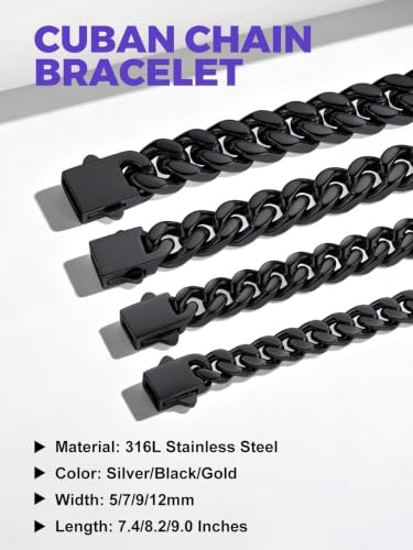 Richsteel Gold/Black/Silver Cuban Link Bracelet for Men,5/7/9/12MM Width | 316L Stainless Steel Chain Wrist Bracelet, Waterproof, No Tarnish, Hypoallergenic Hip Hop Jewelry, with Gift Box - color: 03-Black Plated 5mm Width