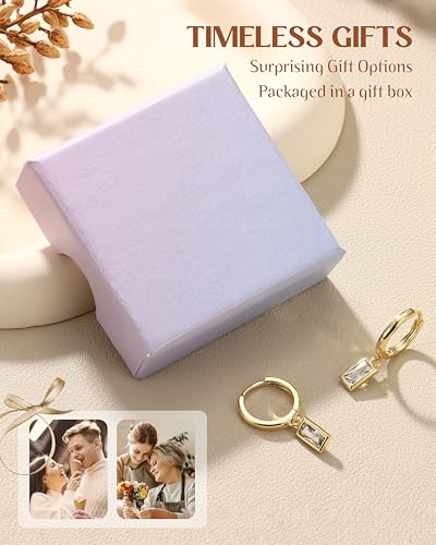 FIBO STEEL 14K Gold Plated Hoop Earrings with Charms for Women Huggie Hoops | Hypoallergenic 925 Sterling Silver Post Dangle Earrings Small Silver Gold Hoops Earring Cubic Zirconia Dangle Drop Jewelry - color: Baguette - 14K Gold Plated