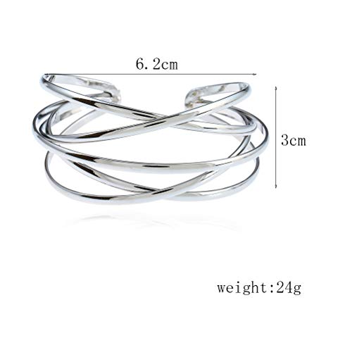 Boho Chunky Cuff Bracelet for Women,Gold/Silver/Rose gold Multi-layer Cross Wire Bangle Bracelets Open Adjustable Wide Cuff Bracelet Fashion Statement Jewelry - color: Silver