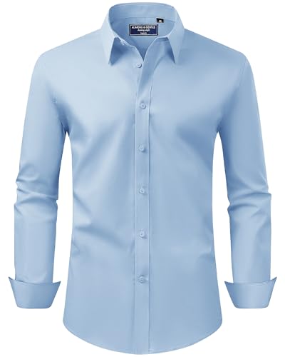 Alimens & Gentle Men's Dress Shirt Regular Fit Stretch Stain Shield Long Sleeve Solid Business Wedding Button Down Shirts - color: Light Blue, size: Large