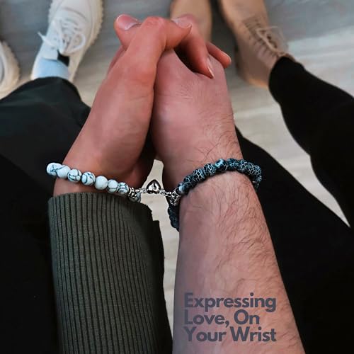 Set Of 2 Couples Bracelet Magnetic Healing Natural Bead Stone Stretch Bracelet Unisex Anniversary, Friendship, Valentine, Christmas Gift - color: Howlite+Blue Weathered, style: Without Giftbox