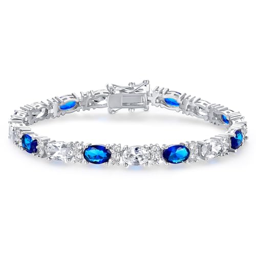 MDFUN 18K White/Yellow Gold Plated Green/Blue 5 * 7MM Oval 5A+ Cubic Zirconia Tennis Bracelet for Women Birthstone Jewelry Gift 6.5-8.5 inch - color: 18K White Gold -Blue