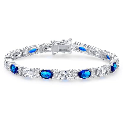 MDFUN 18K White/Yellow Gold Plated Green/Blue 5 * 7MM Oval 5A+ Cubic Zirconia Tennis Bracelet for Women Birthstone Jewelry Gift 6.5-8.5 inch - color: 18K White Gold -Blue