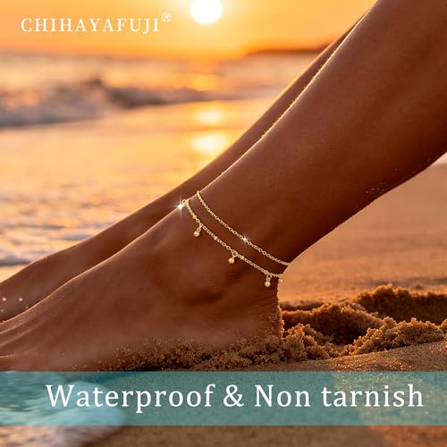 Sterling Silver Ankle Bracelets for Women Gold Waterproof Layered Stackable Dainty Cute Bead Chain Non Tarnish Adjustable Anklet Bracelet for Summer Beach Jewelry Gift - color: gold-C