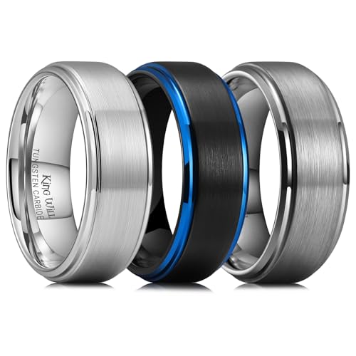King Will Classic Tungsten Wedding Band for Men, 6/7/8/9/10mm Widths, Polished Finish Step Edge Matte Rings Comfort Fit - color: Black/Silver/Gunmetal