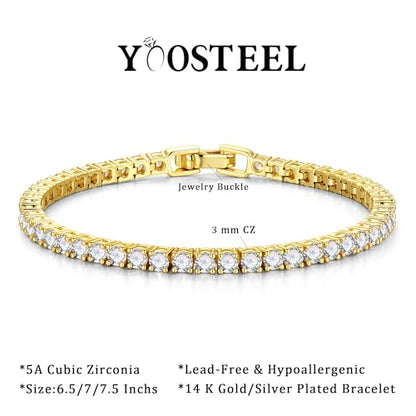 Yoosteel 14K-Gold-Plated/White-Gold-Plated Tennis Bracelet for Women,3mm CZ | Dainty Cubic Zirconia Bracelets,Classic Tennis Bracelet,Trendy Simple CZ Jewelry Gifts,6.5/7/7.5 Inch Bracelets - color: Four Claws -14K-Yellow Gold-Plated, size: 7