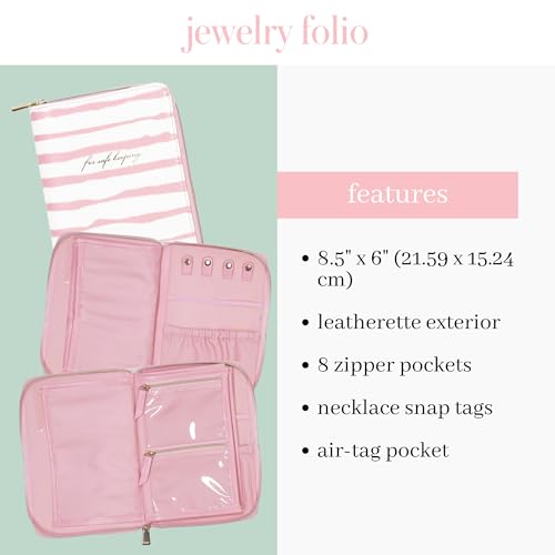 kate spade new york Travel Jewelry Folio, Goddess Stripe | 8.5" x 6" Organizer with Zippered Pockets, Tabs & Tracker Pocket, Pink Leatherette Case for Earrings, Necklaces, & Bracelets